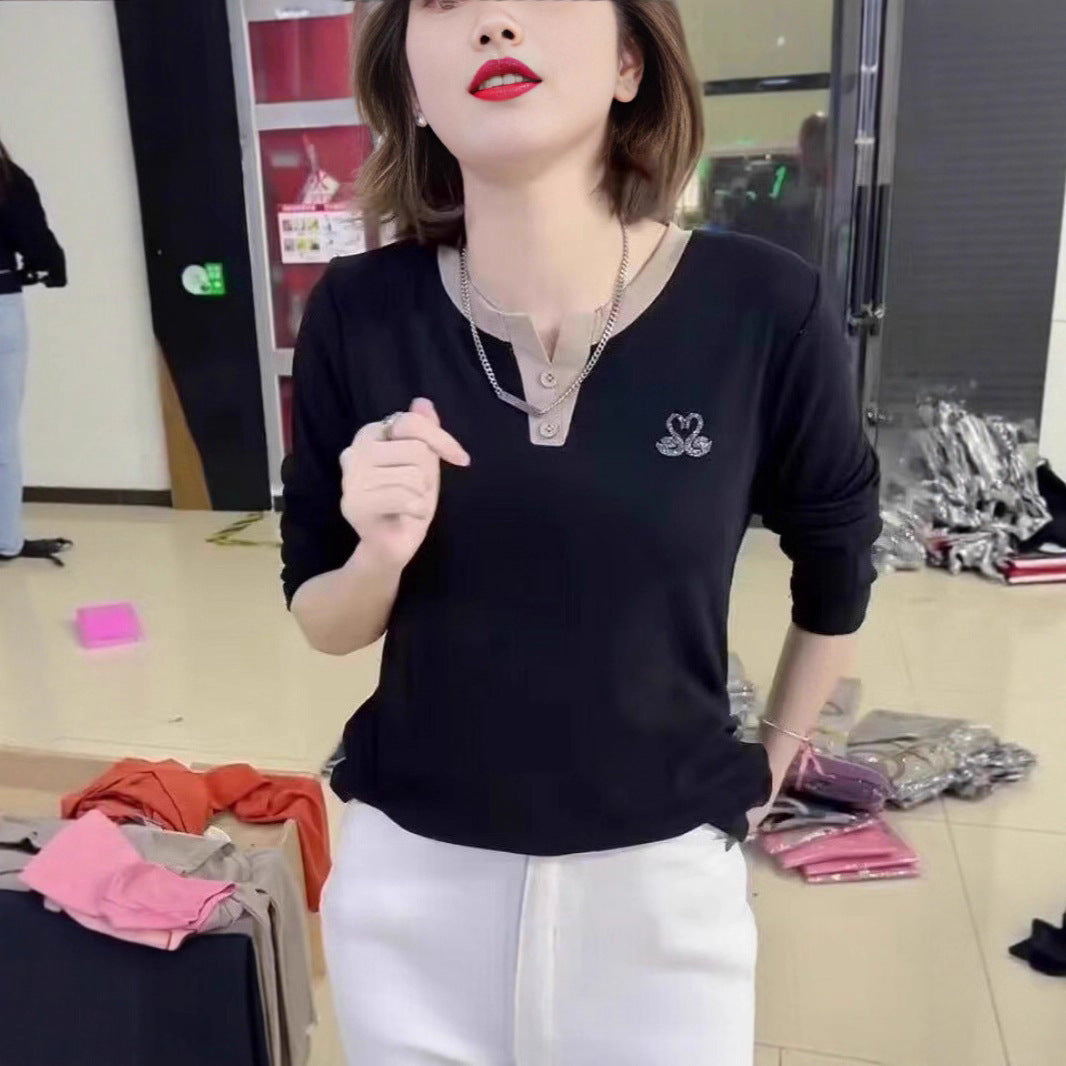 Women's Long-sleeved T-shirt V-neck Bottoming Shirt Hot Rhinestone Casual Top