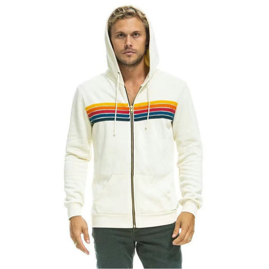 Fleece-lined Hooded Colorful Drawstring Loose Zip Sweater