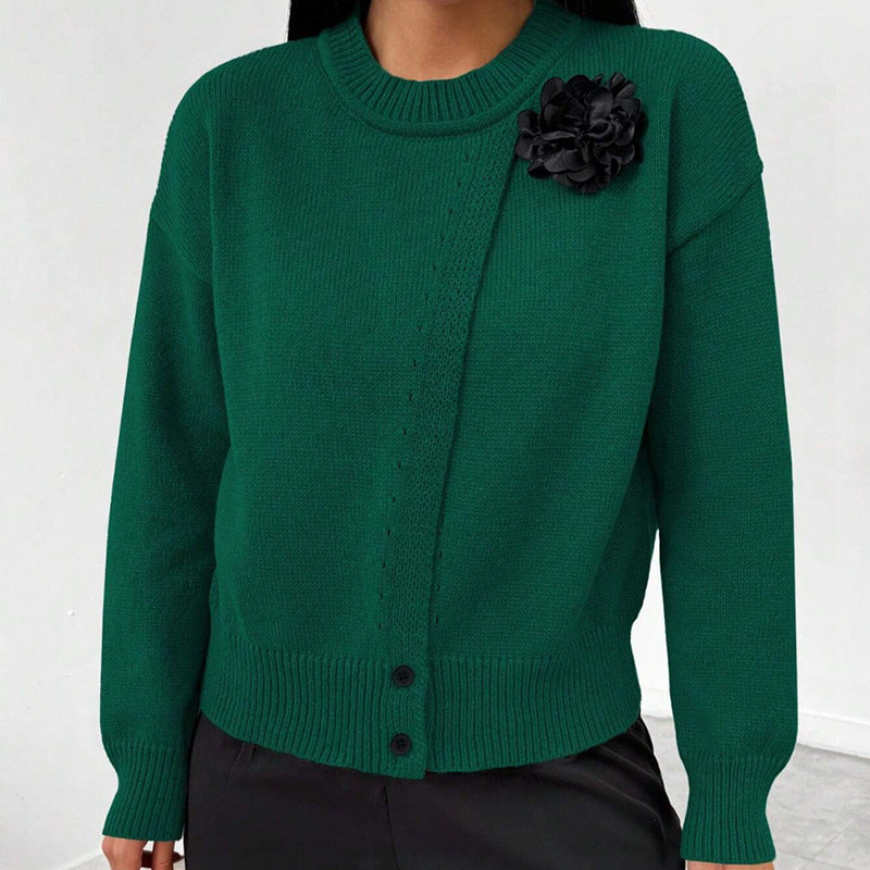 Women's Premium Elegant Solid Color Buttons Black Flower Knitted Pullover