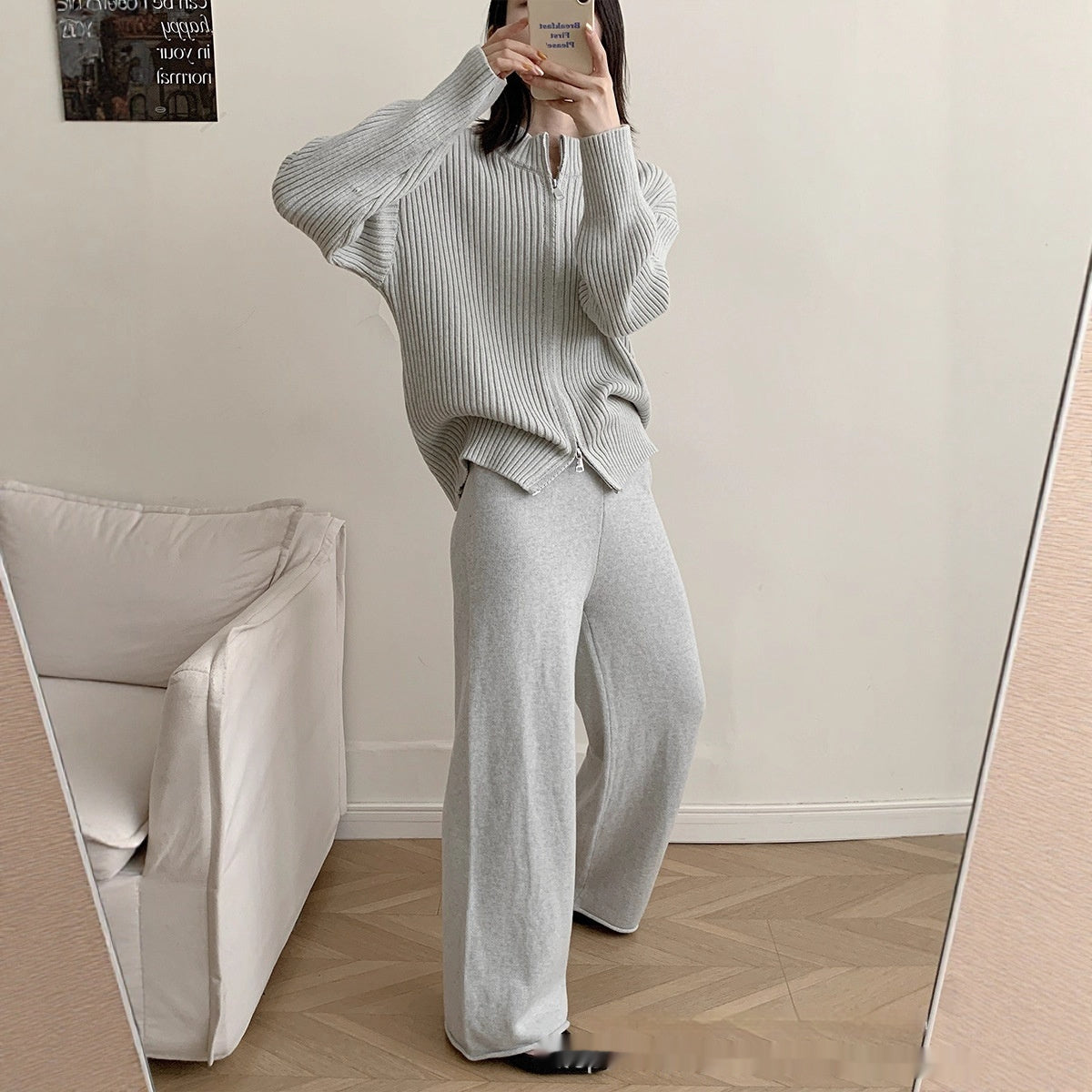 Small Stand Collar Vertical Sunken Stripe Zipper Knitted Cardigan Coat Trousers Two-piece Set