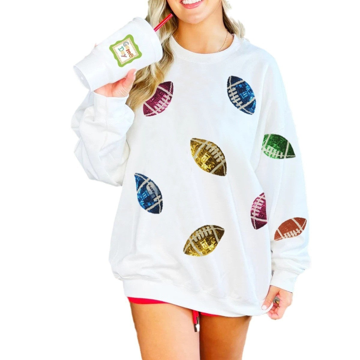 Women's Sequin Embroidery Rugby Round Neck Sweatshirt