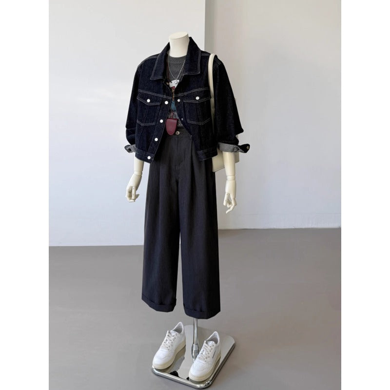 Korean Style Pocket Lapels Retro Dark Blue Short Denim Coat