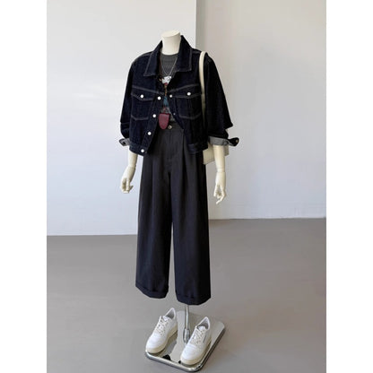 Korean Style Pocket Lapels Retro Dark Blue Short Denim Coat