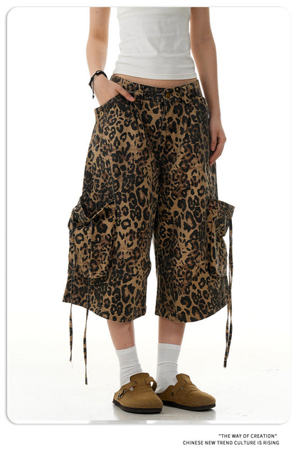 11KN American Vintage Leopard Print Loose Straight Cropped Pants