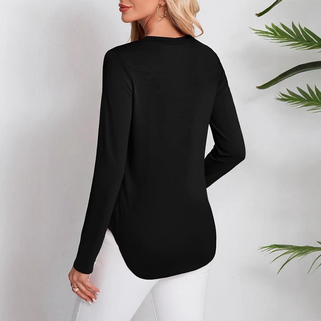 New Women's Autumn And Winter Round Neck Curved Hem Long Sleeve