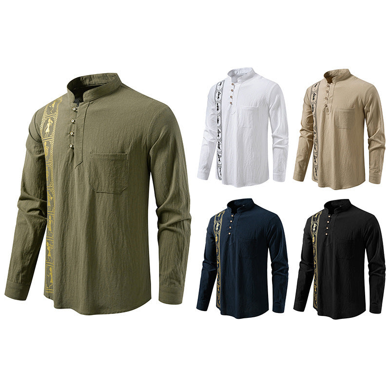 Printed Men's European Size Solid Color Cotton And Linen Shirt