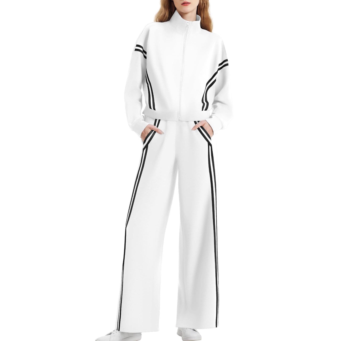 Women's Side Double Stripe Long-sleeve Zipper Pants Pocket Sports Suit