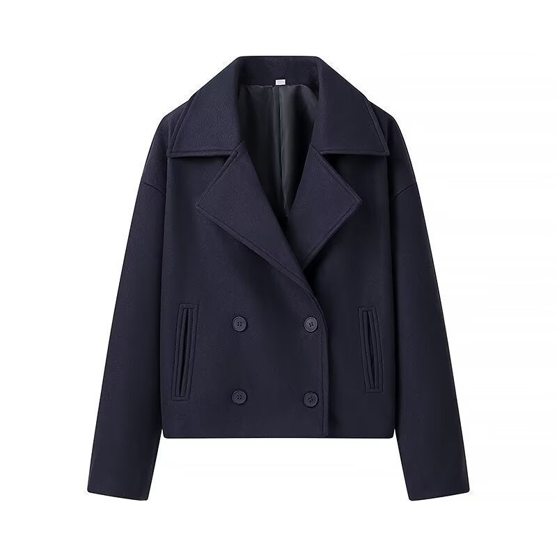 French Style Lapel Double Breasted Short Woolen Casual Loose Jacket Coat