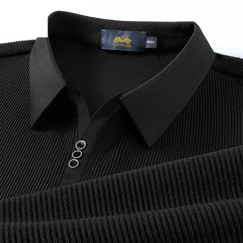 Vertical Texture Button Access Control Collar T-shirt