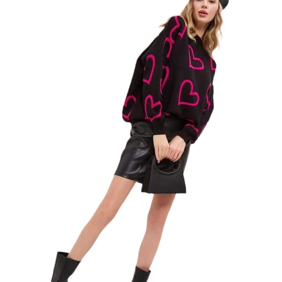 Round Neck Love Contrast Color Loose Pullover Sweater