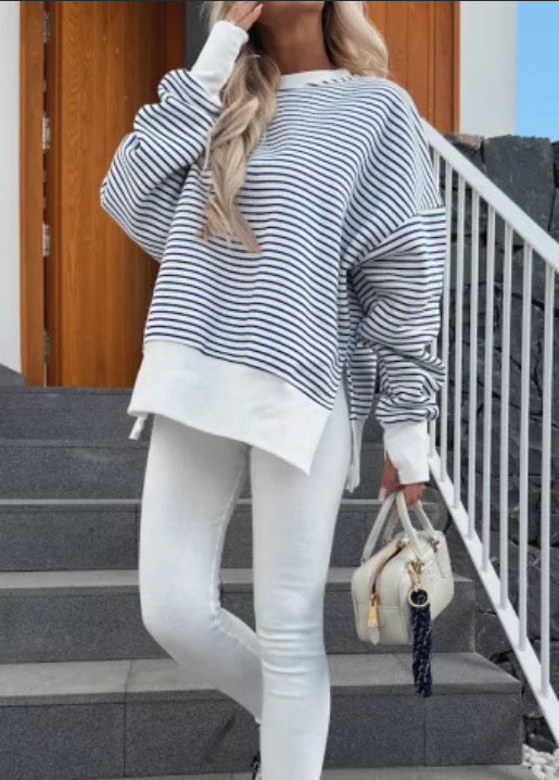 Casual Round Neck Striped Sweater