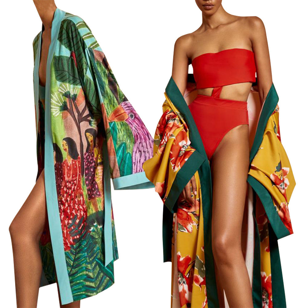 Fashion Women's Wear Kimono Printed INS Trench Coat