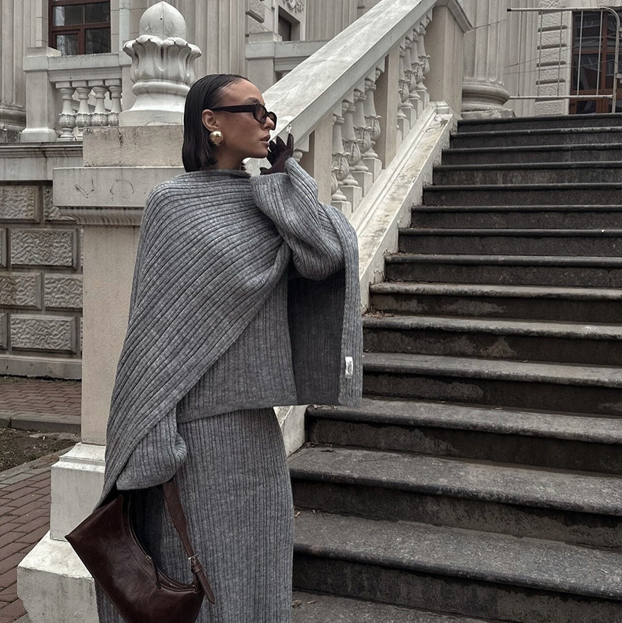 Crew Neck Pullover Sweater Skirt With Scarf Three-piece Set