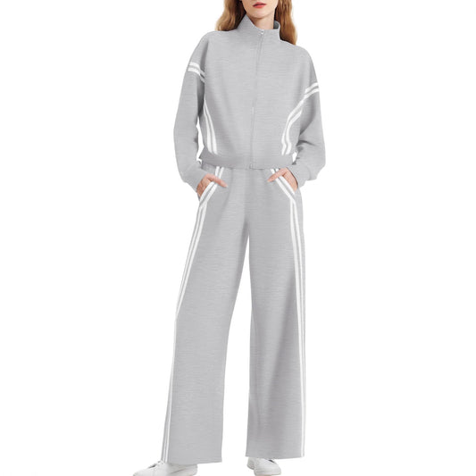 Women's Side Double Stripe Long-sleeve Zipper Pants Pocket Sports Suit