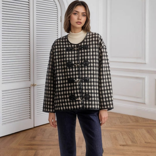 Metal Buckle Decorative Round Neck Hemming Shorts Jacket