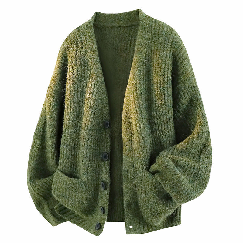 Retro Green Cardigan Sweater Men's Casual Knitted Jacket