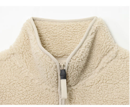 Female Solid Color Versatile Zipper Teddy Plush Sports Top