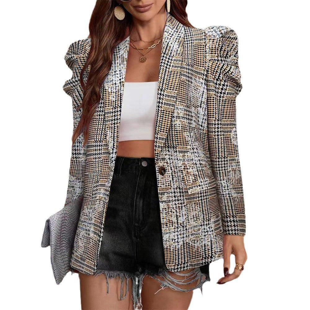 Commuter Printed Puff Sleeve Pleated Loose Long Sleeve Jacket