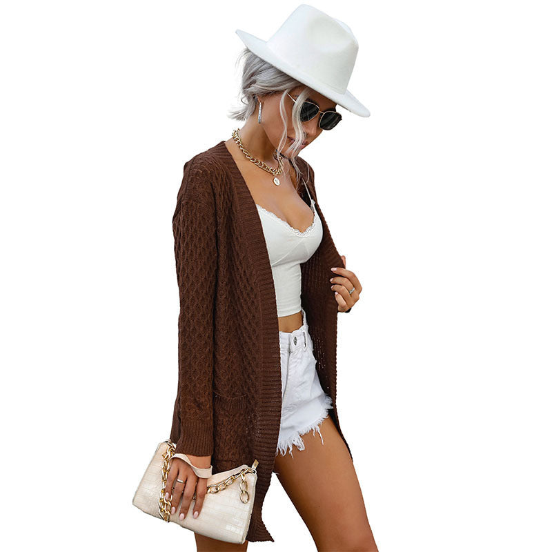 Mid-length Long Sleeve Cable-knit Sweater Cardigan
