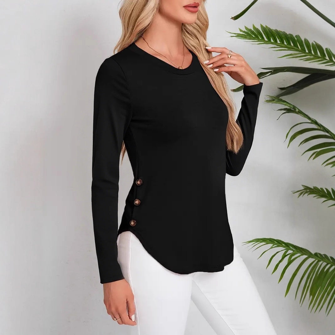 New Women's Autumn And Winter Round Neck Curved Hem Long Sleeve