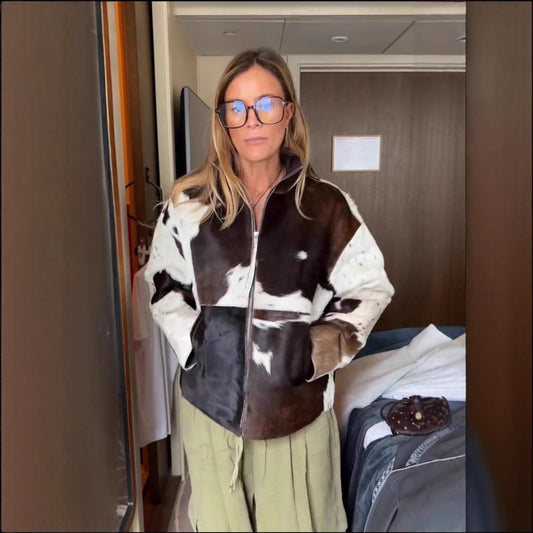 New Cow Pattern Pocket Zipper And Lapel Women's Jacket Coat