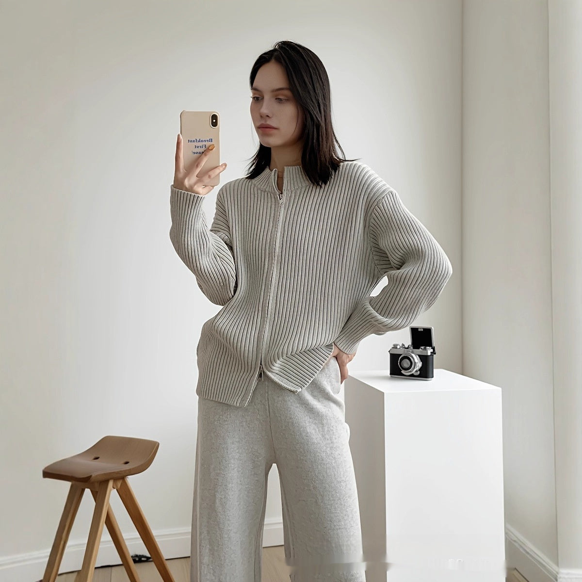 Small Stand Collar Vertical Sunken Stripe Zipper Knitted Cardigan Coat Trousers Two-piece Set