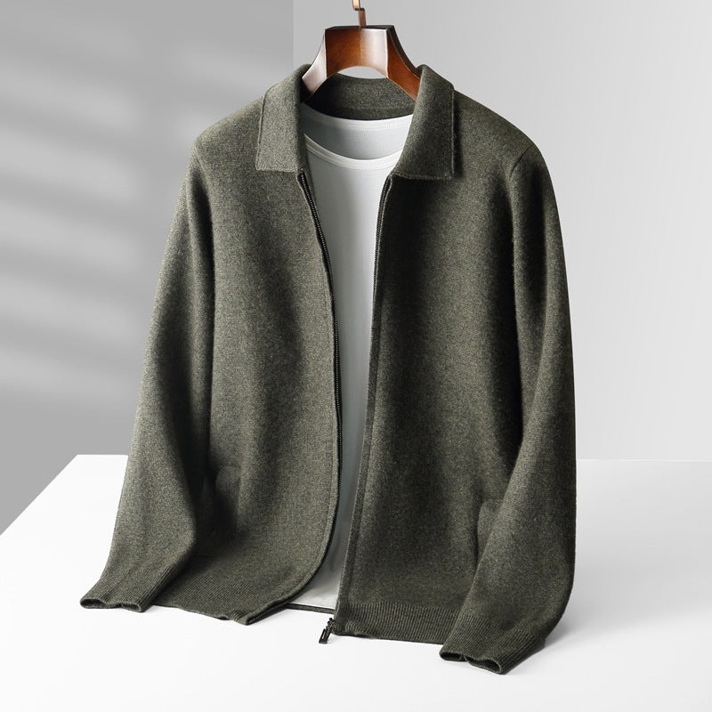 Pure Wool Cardigan Men's Knitted Turn-down Collar Coat