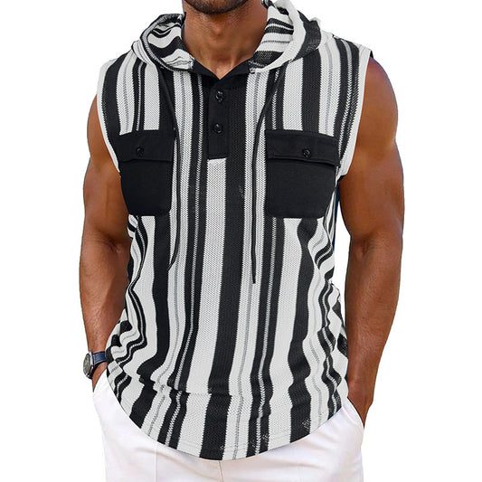 Men's Striped Sleeveless Hooded Vest Pocket