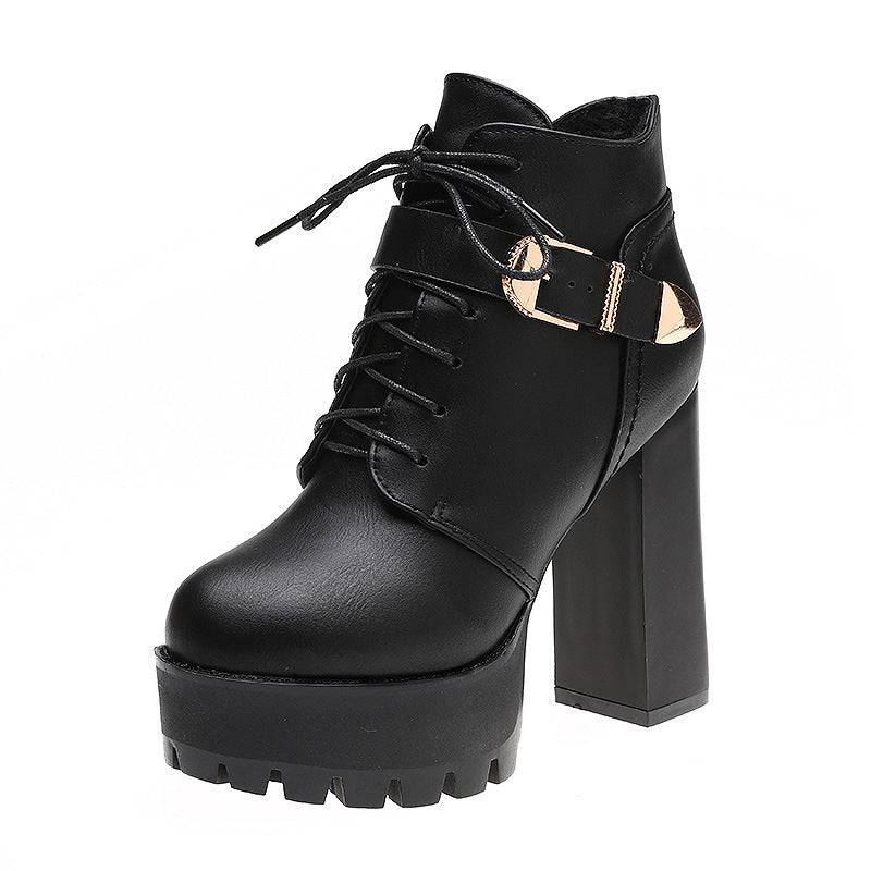 New British Style Chunky Heel Waterproof Platform High Heels