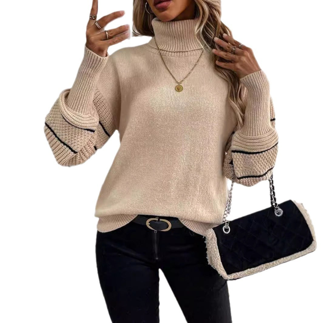 Striped Turtleneck Drop-shoulder Pullover Long Sleeve