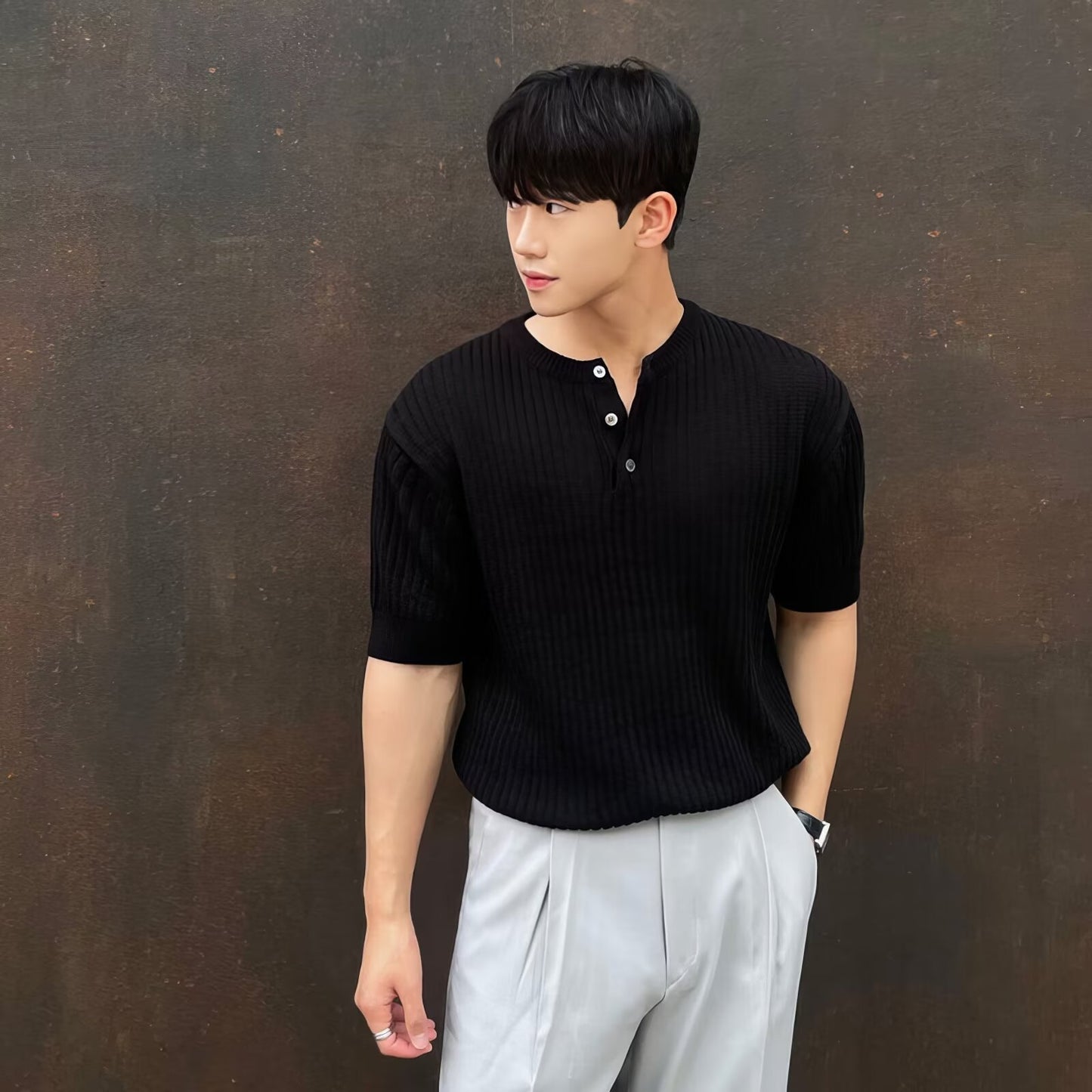 Short Sleeve Men's Vertical Stripes Ice Silk Breathable Slim Fit