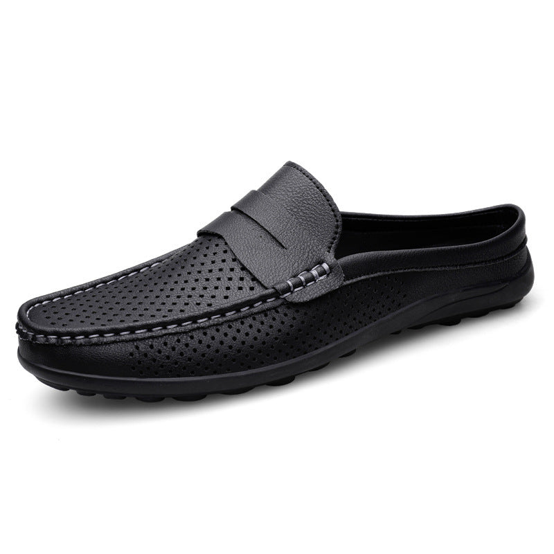 Casual Hollow Leather Shoes Breathable Half Slippers