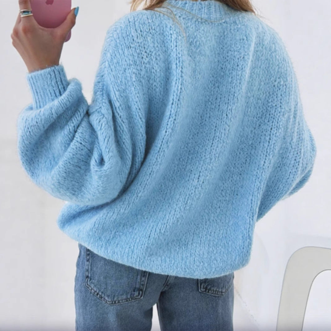 Round Neck Pullover Solid Color Sweater